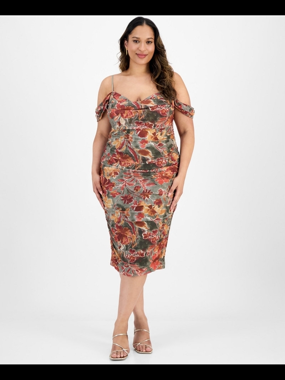Katia Rae Floral Off-Shoulder Ruched Mesh Midi Dress Plus Size